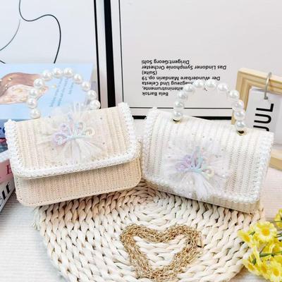 Korean Style Kids' Bow Pearl Crossbody Bag with Mesh Crown & Crystal Stickers