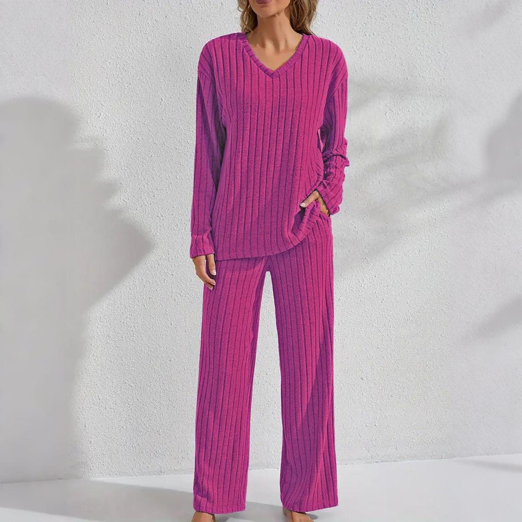 Cozy Striped Plush V-Neck Top & Casual Pants Pajama Set for Autumn/Winter