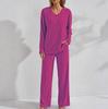 Cozy Striped Plush V-Neck Top & Casual Pants Pajama Set for Autumn/Winter