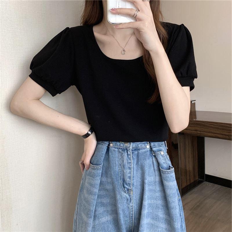 Puff Sleeve T-shirt for Women In Summer New French Design Low Round Neck Slim Fit Short Sleeve Student Top