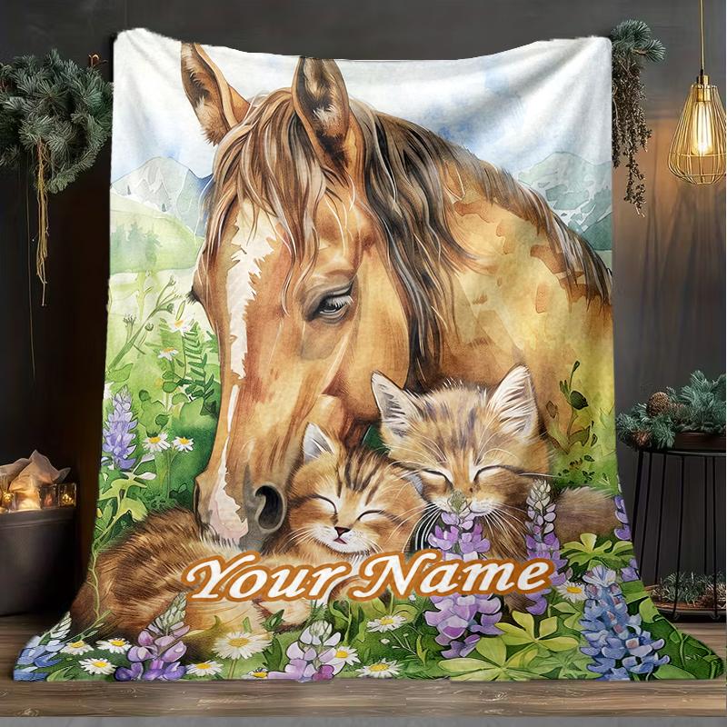 1PC Custom Name Horse Kitten Flowers Outdooor Flannel Blankets Patterns Throw Blanket All-Season Soft Gift for Couch, Bed, Camping Gifts