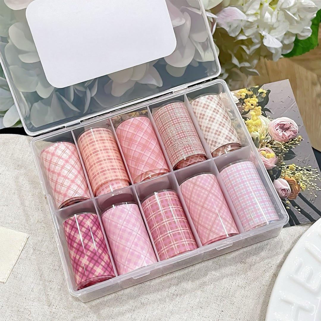 

10pcs Nail Art Foil Transfer Paper Pink Grid Pattern Nail Stamping Stickers Sweety Cowboy Style Manicure Decals for DIY Nail
