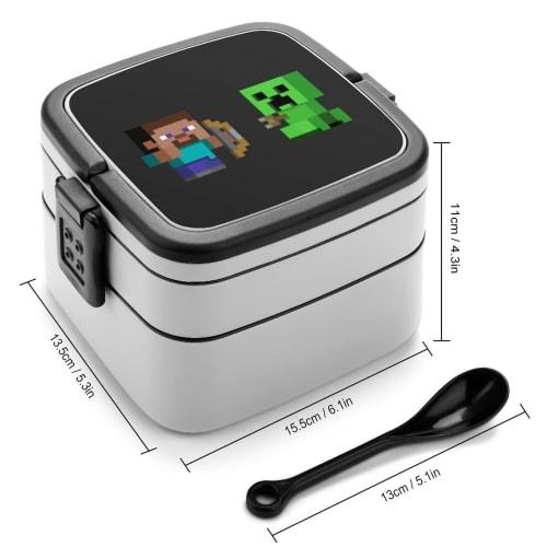 Minecraft Bento Box, Two-Tier, Fluffy Serving Lunch Box with Spoon, Antibacterial, Large Capacity, for Women, Men, and Children, 11cm High x 15.5cm Lo