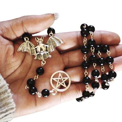 Dark Style Artificial Zircon Bead Long Sweater Chain Vintage Bat and Pentacle Pendant Necklace for Women or Men