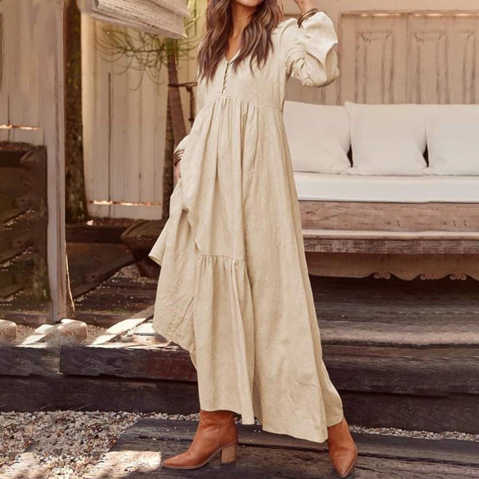 

Женское повседневное платье макси с длинными рукавами, свободное многослойное платье с V-образным вырезом на пуговицах и высокой талией S хаки