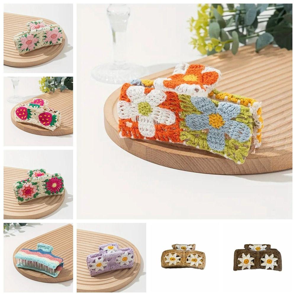 Strawberry Floral Knitted Crab Clip Flower Bohemian Style Hair Claw  Girls