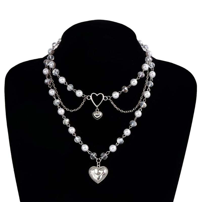 Elegant Imitation Pearls Necklace Love Heart Pendant Clavicle Chain Multilayer Collarbone Chains Jewelry for Women Girls