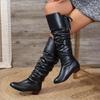 Chaussures de Mode Pour Femmes Bottes Hautes au Genou Rouge Noir Blanc Bottes Hautes Femme Plissées Talon Bas Décontracté Cuir Féminin Chaussures Longues