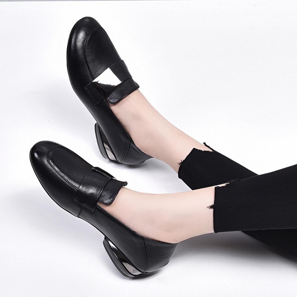 Loafers 2025 spring and summer new mango head square buckle comfortable single shoes black first layer cowhide two wear women's bean shoes
