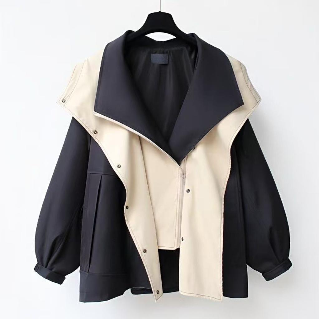 2025 Autumn New Women's Loose Lapel Hooded Zipper Patchwork Trench Coat Outerwear