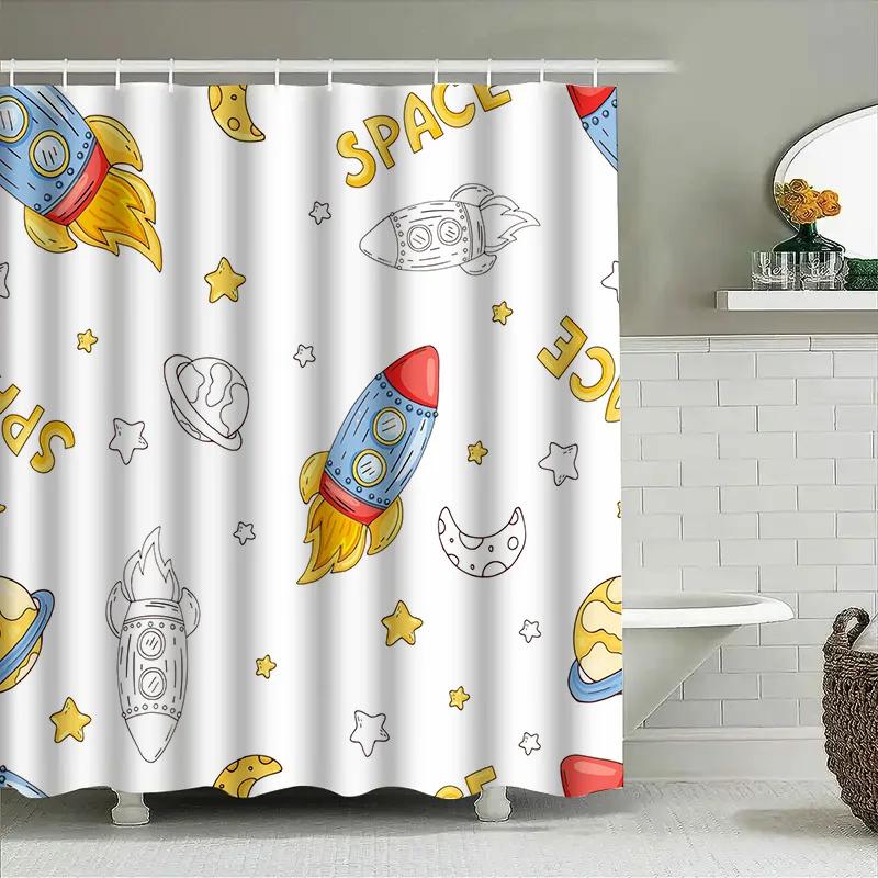 Space-Themed Shower Curtain Set Featuring Rockets And Planets For Kids' Bathrooms White Background With Colorful Designs