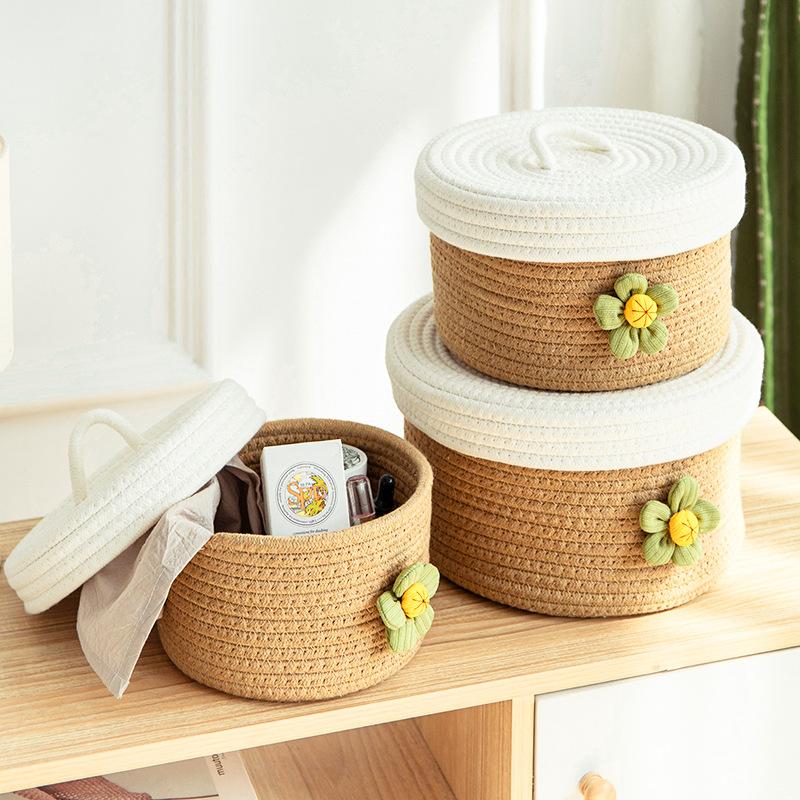 3pcs Round Storage Baskets Natural Cotton Rope Woven Organizer with Lids for Countertop Sundries Makeups Toys Keys Clutter Items