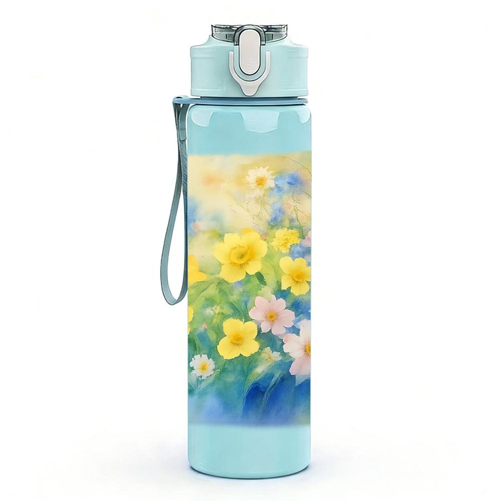1PC Soft Pastel Blue Yellow Flower Print 750ml Color Plastic Sports Water Bottle Leakproof Flip Straw Lid Suitable for Sports Office Home Use