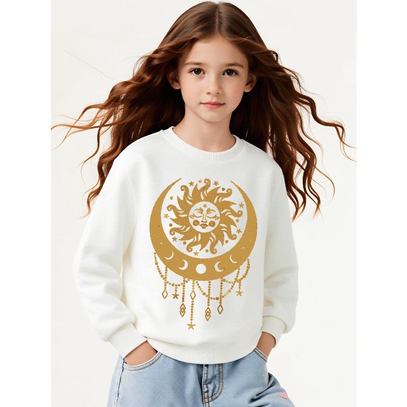 European sizes Kids Casual Printed Round Neck Pullover, Golden Sun Moon Stars Beads, Casual Comfortable 110