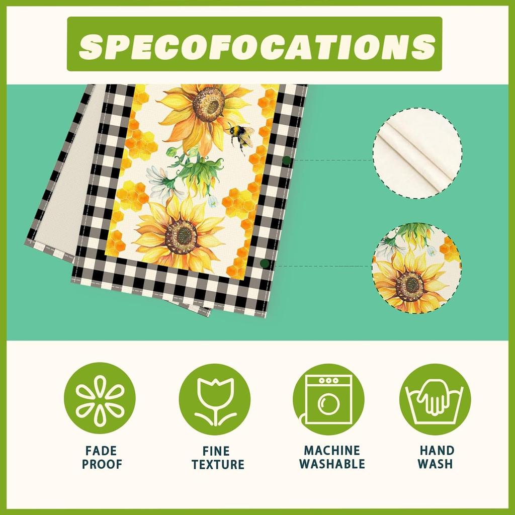 XCHI Black and White Buffalo Plaid Sunflower Daisy Bees Honey Summer Table Runner Decoration for Home Kitchen Holiday Party Farmhouse 13x72 Inch