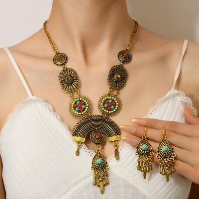 Vintage Bohémský Diamantový Set Šperků z Rýžových Korálků Starý Styl Náhrdelník Náušnice Dvoudílný Set Cestování Aukční Šperky