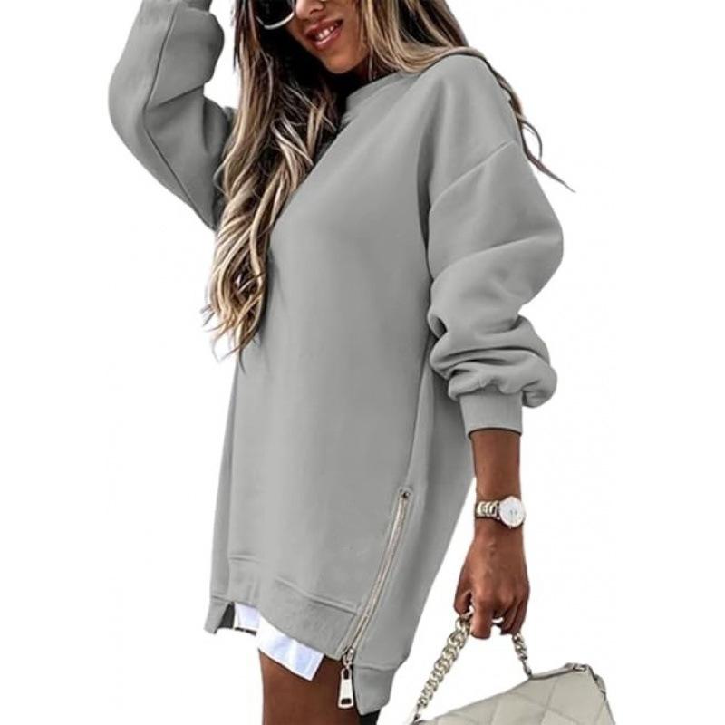 Women's Spring Autumn Fashion Splicing Side Zipper Design Sweatshirt Round Neck Long Sleeved Mid Length Irregular Tops
