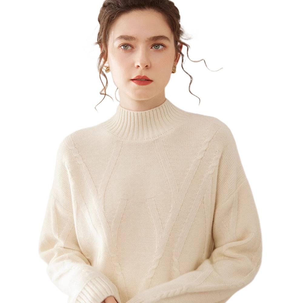 Women's Drop Shoulder Cashmere Pullover Sweater - Thickened Jacquard Knit, Half-High Neck, Long Sleeve, Versatile Loose Fit.
