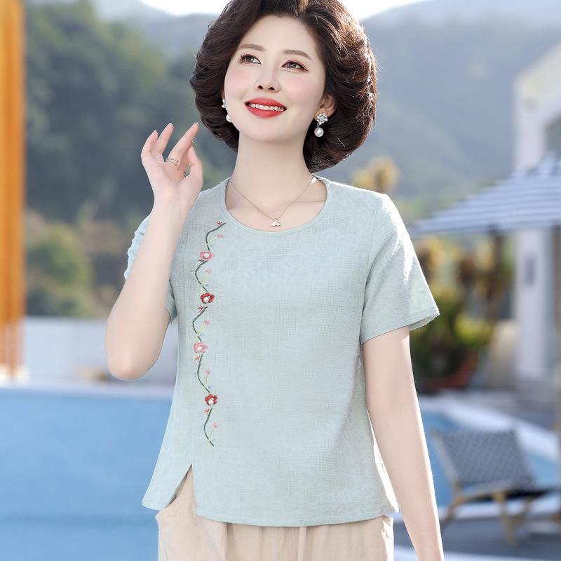 

2026 Summer New Arrivals: Middle-Aged Women s Chinese Style Cotton Linen Short Sleeve Shirt L (recommended 40-50 kg) синий