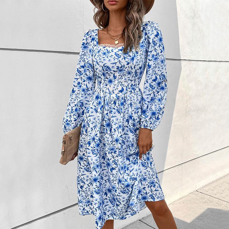 Independent station autumn new fashion foreign trade European and American women's clothing square collar printing retro French backless dress