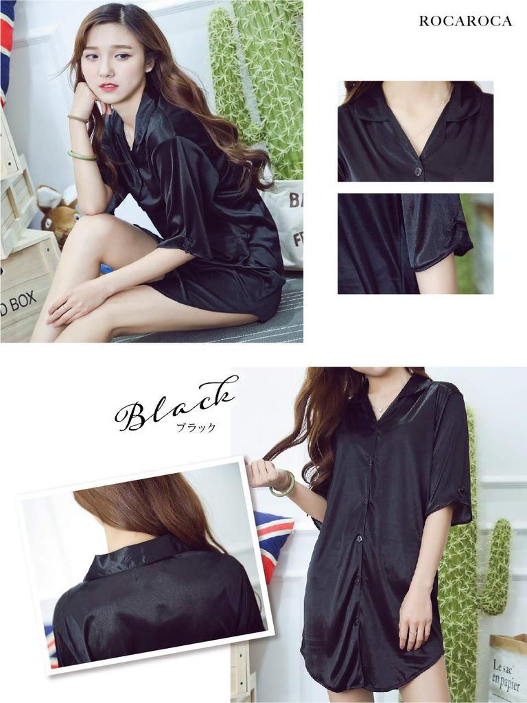 Roca Roca Satin Boyfriend Short Black Shirt, Pajamas, Loungewear, Loungewear, Nightgown, Shirt, Open-Front, Sleeve, Mini, Women's, (L, Black)