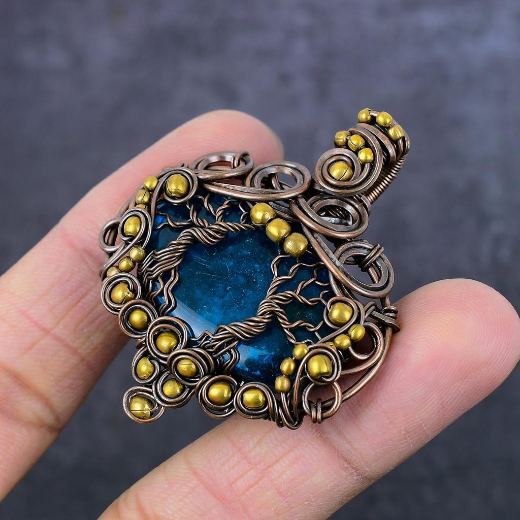 Natural Blue Baltic Amber Handmade Copper Wire Wrap Jewelry Pendant 2.13" D3F77