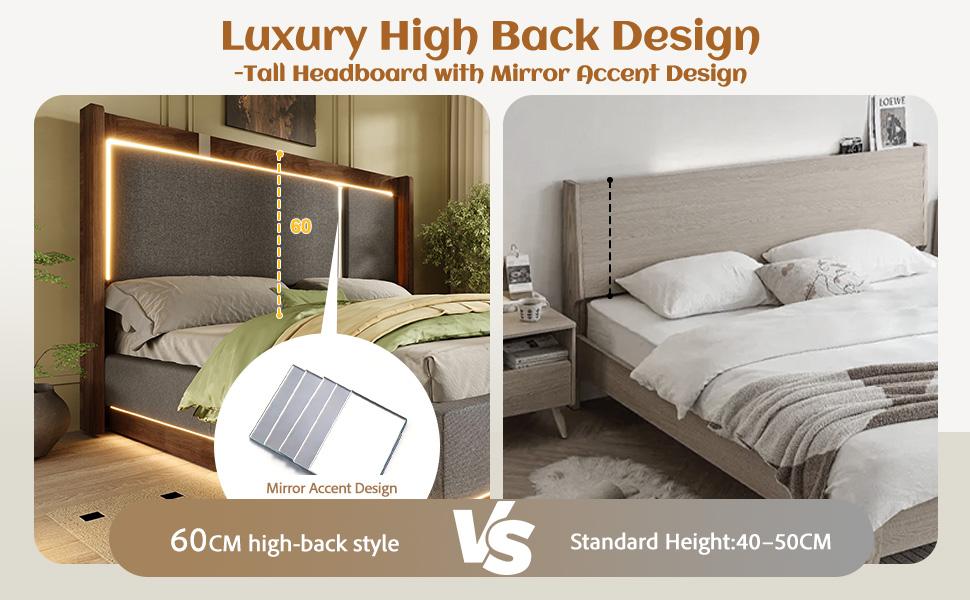 160x200 Double Bed Upholstered Bed with Slatted Frame, LED & Bed Drawer, Hydraulic, Linen Grey & Walnut, without Mattress
