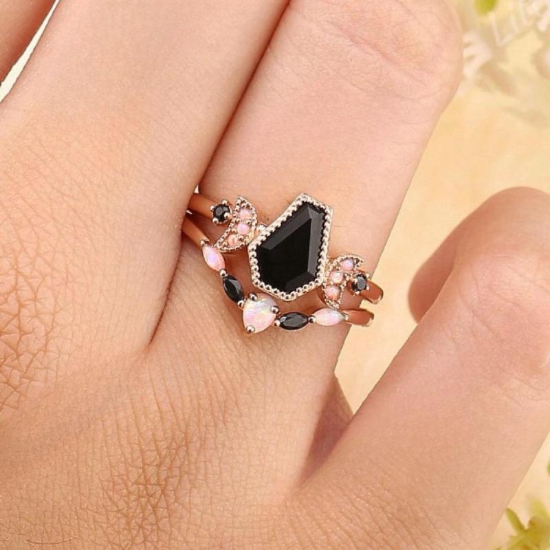 Prachtige Dames Ringen Roségoud Kleur Vierkant Zwarte Steen Maan Ringen Feest Accessoires Cadeau