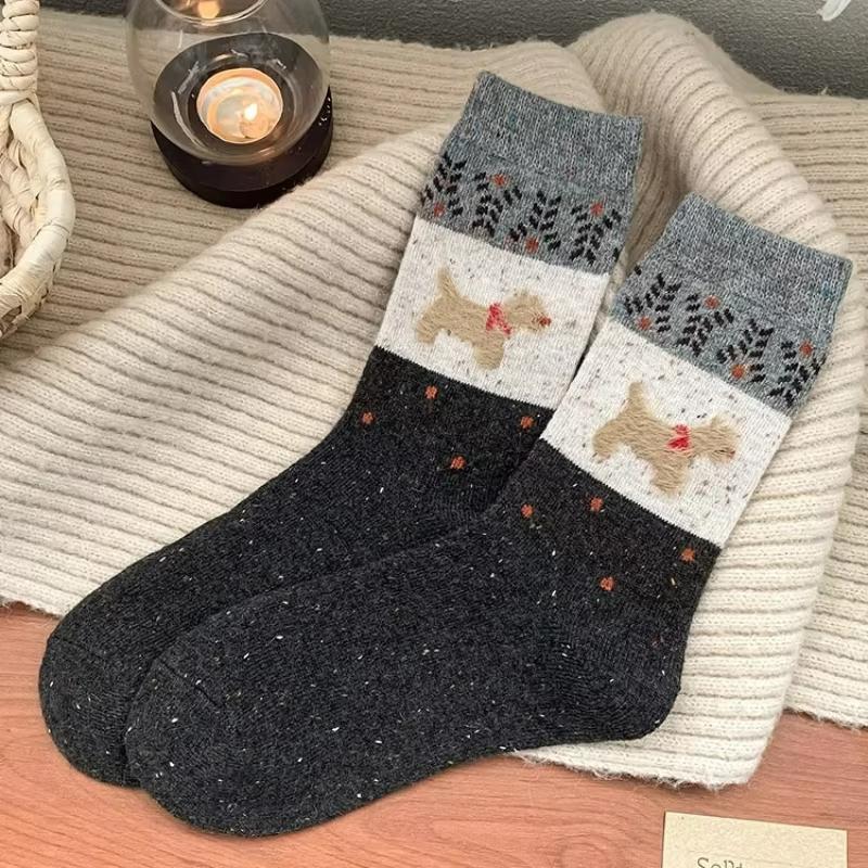 

1 Pair Socks Color-Block Puppy Warm Slouch Socks Fair Isle-Patterned Cute Mid-Calf-Length Plush Soft Vintage Thickened темно-серого