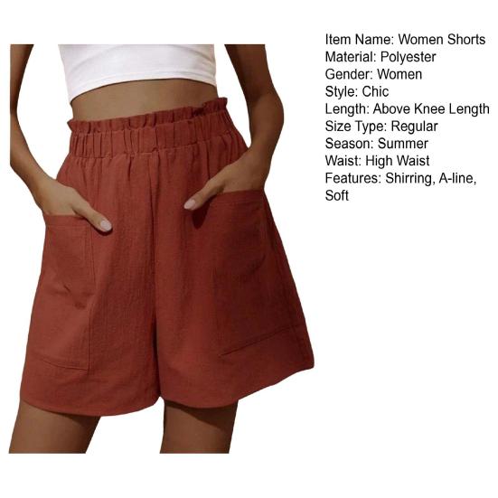 Women Shorts Elastic Knee Length Shirring Loose Side Pockets High Waist Straight Above Soft Solid
