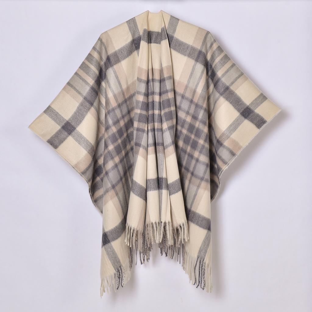 Foreign Trade, New Tassel Split Shawl Autumn and Winter Women's Simple Plaid Jacquard Scarf Cape