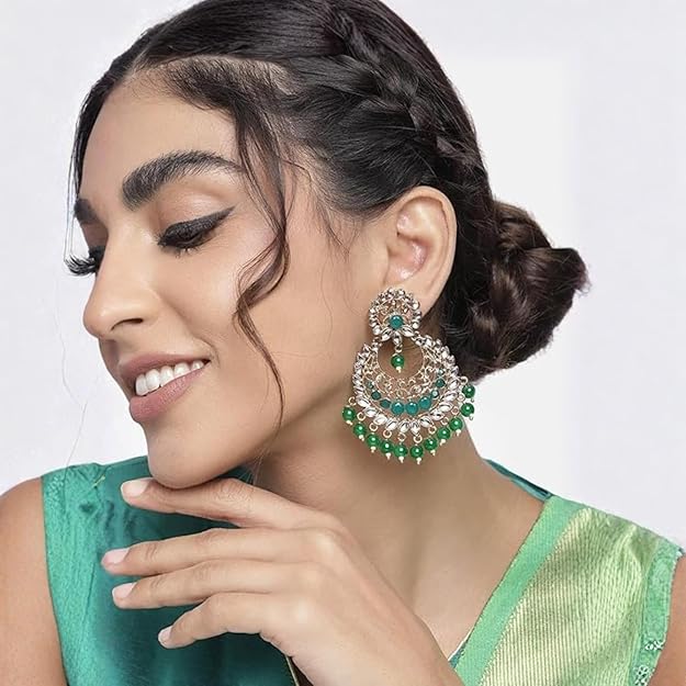 Traditional Gold Plated With Stunning Antique Finish Kundan & Pearl Chandbali Earrings for Women/Girls