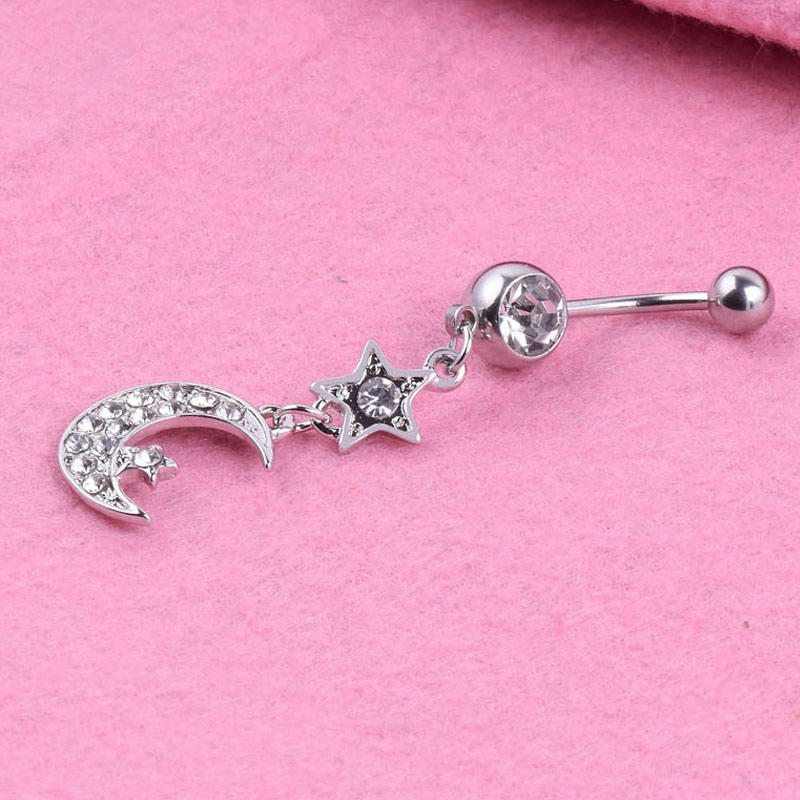 Punk Crystal Moon Dangle Navel Piercing Rings Body 316L Surgical Steel Belly Button Ring Jewelry