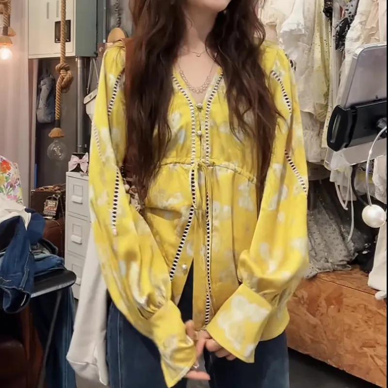 

Women s Yellow Tie Dye Blouse V-Neck Long Sleeve Lace Trim Drawstring Waist Casual Loose Fit Top L