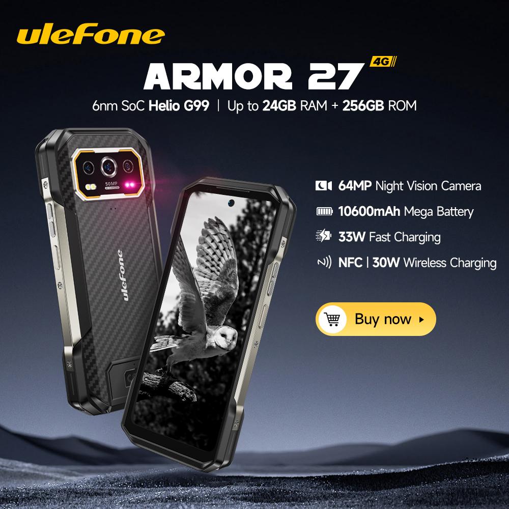Ulefone Armor 27 4G Rugged Phone 10600mAh Up to 24GB+256GB Android 15 Smartphone 6.78"FHD 120Hz Night Vision Global