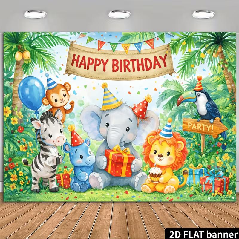2D Tropical Rainforest Cute Animal Kids Birthday Photography Backdrop Banner 47.2x31.5inch/120*80cm