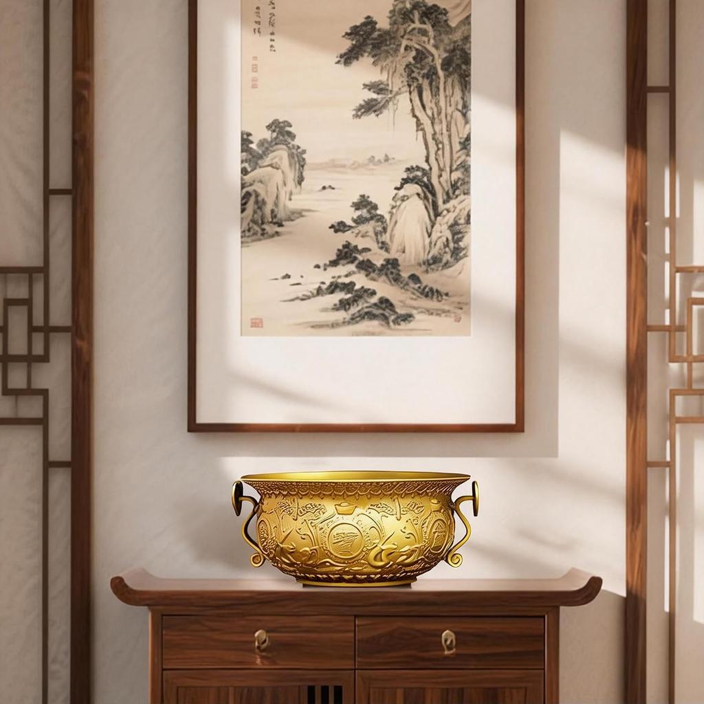 Aris & Juno Brass Treasure Bowl - Traditional Chinese Style, Perfect for Home or Office To Attract Wealth and Good Fortune (Length: 13 Cm)