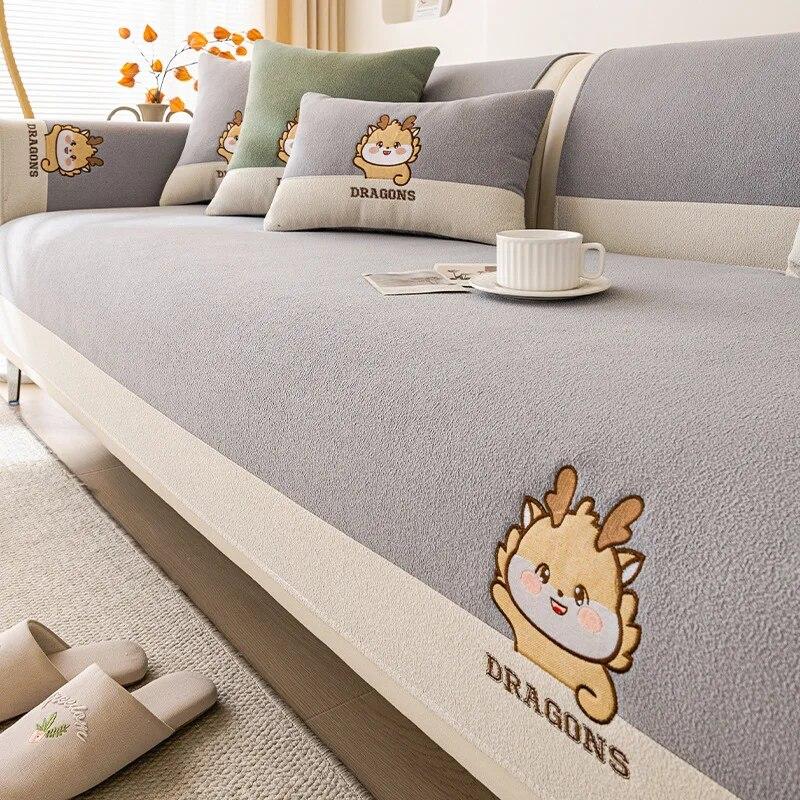 Teddy Velvet Cartoon Sofa Cover Universal Living Room Embroidery Sofa Cover Non-Slip Sofa Backrest Armrest Cover Cushion Cloth