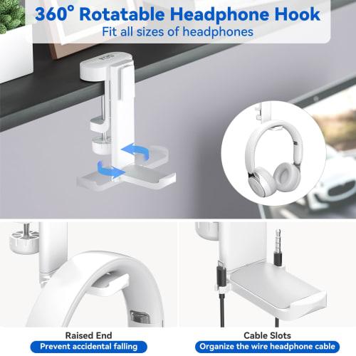 KDD 4-in-1 Desk Organizer with Drink Holder, Headphone Stand, Under-Desk Headphone Hook with Two Wire Holes, Rotating Headphone Hanger, and Removable
