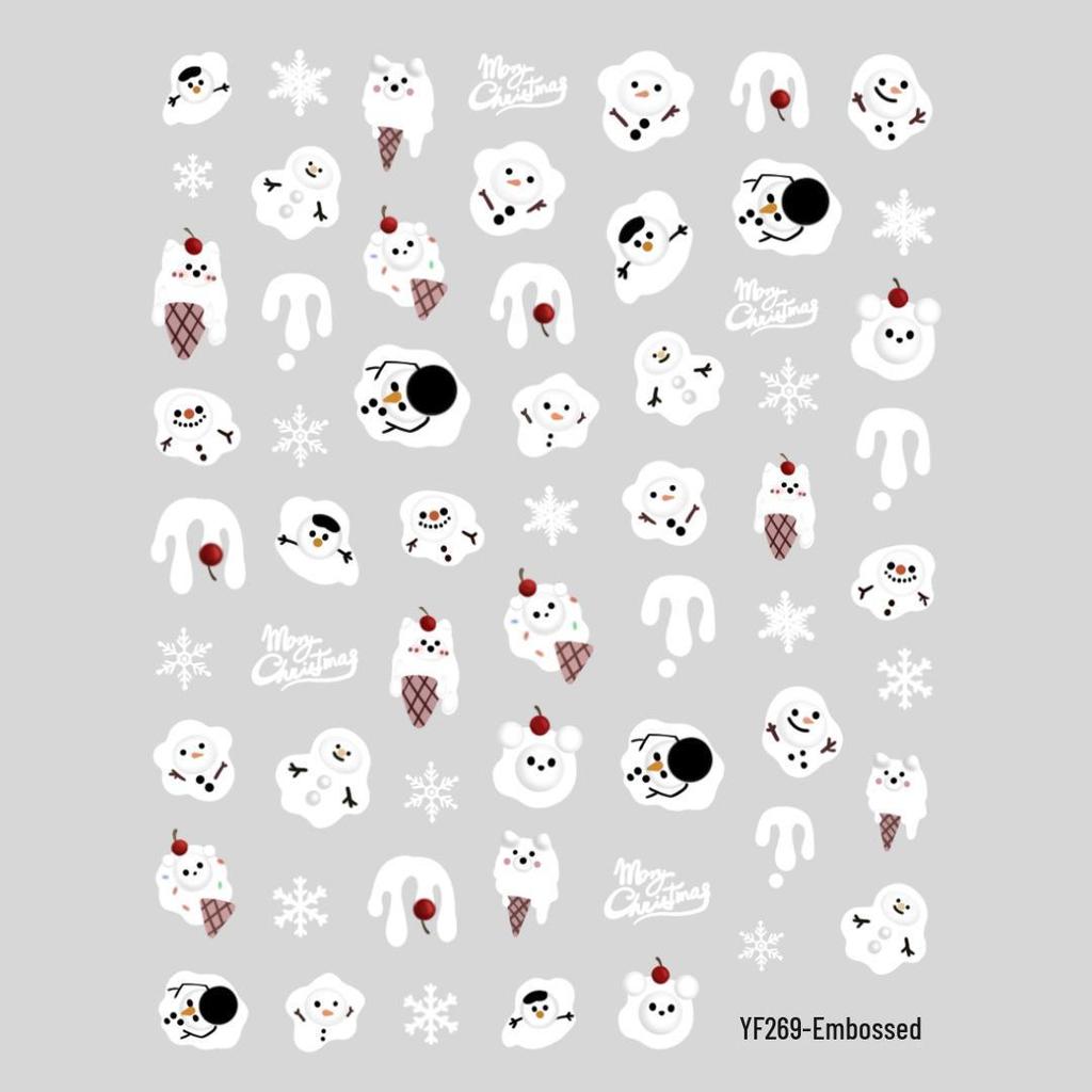 Winter Cartoon Christmas Nail Art Stickers: Embossed Snowman, Tree, and Santa 3D Decorations.
