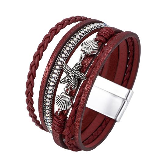 

Women Braided Bracelet Multi-Layer Bohemian Starfish Shell Decor Faux Leather Rope Secure Closure Wristband Wrist Accessory красный