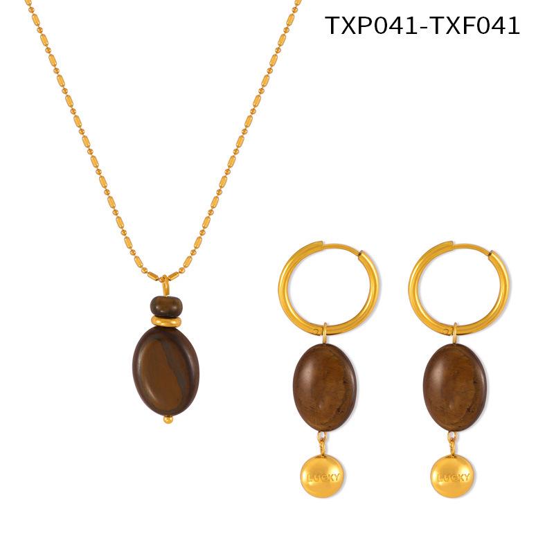 Maillard Geometric Tiger Eye Oval Pendant & Earrings Set In 18K Gold-Plated Titanium Steel