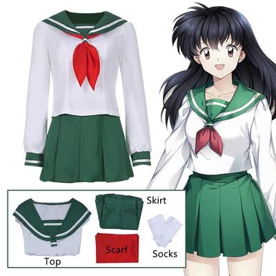 4pcs Sets Anime Cosplay Costume InuYasha Kagome Higurashi Women Girls Uniform Shirt Skirt Suit Halloween Carnival Cosplay Costume Adult