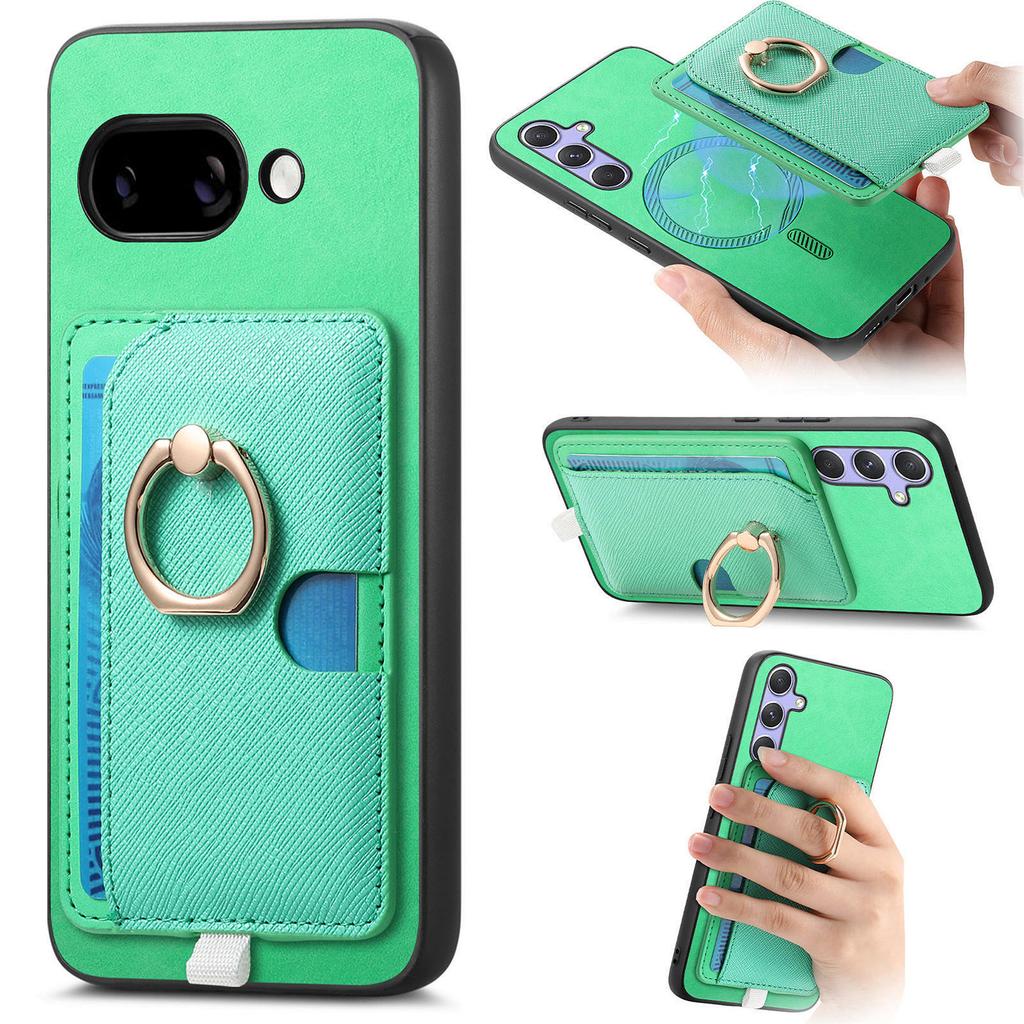 For Google Pixel 9a Case Ring Kickstand Leather + TPU + PC Phone Cover Detachable Card Holder