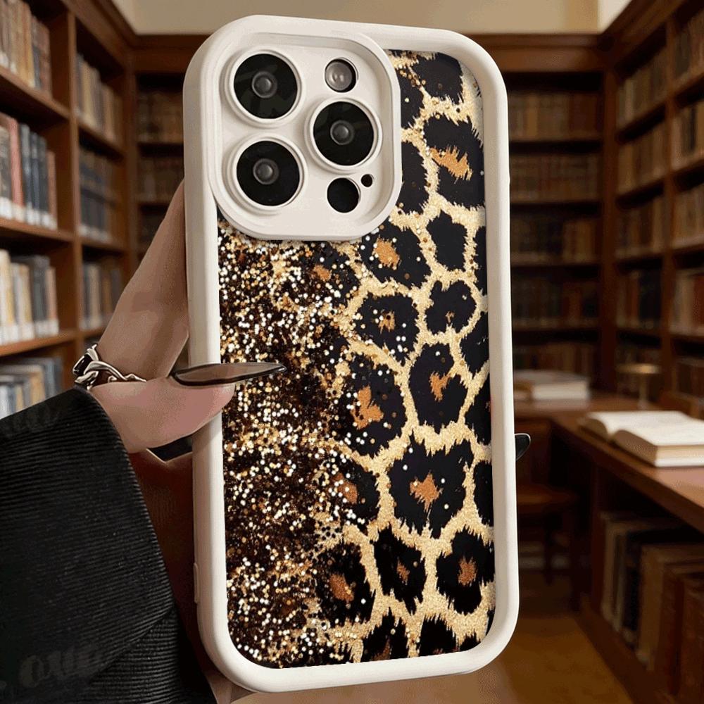 Gold Glitter Leopard Print Phone Case for iPhone 17 16 15 14 13 12 11 Pro Max Plus Anti Scratch, Gel Flexible Protective