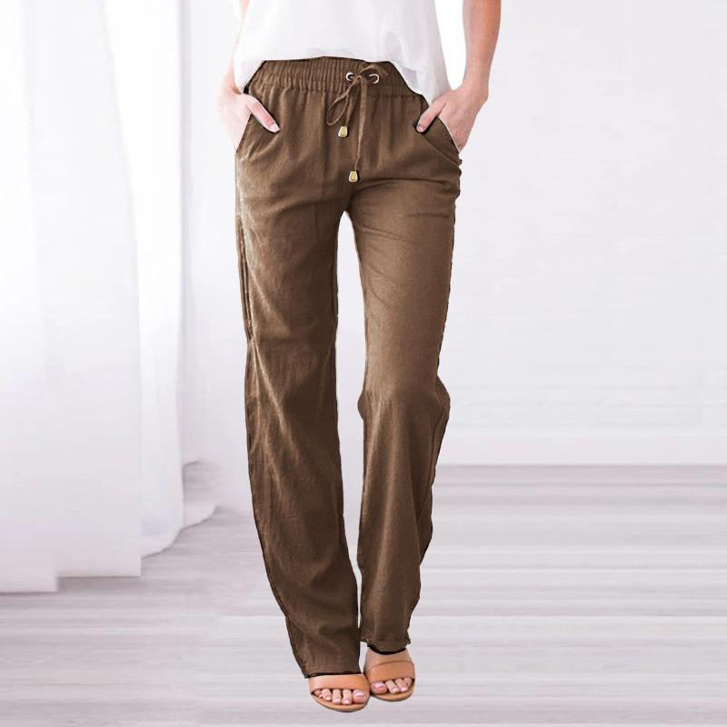 Spring Summer Women Trousers Solid Color Cotton Linen Pants Loose Casual Wide Leg Drawstring Pants