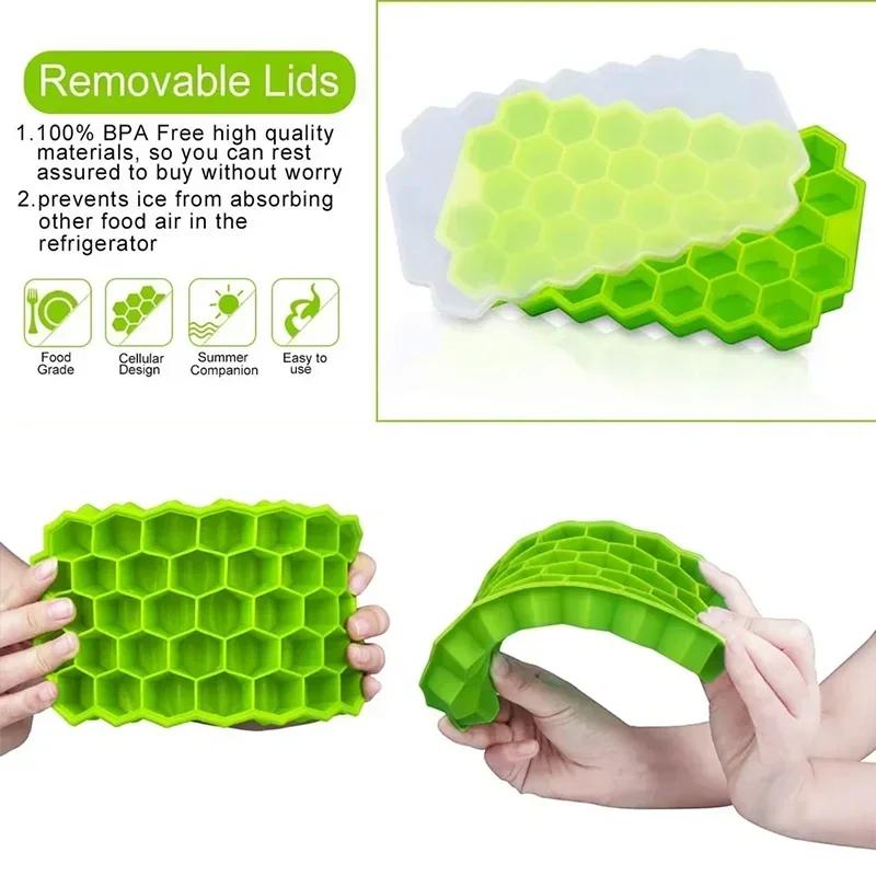 1 37-grid Silicone Ice Cube Mold with Cover Cellular Mesh Stackable DIY Ice Mold Reusable Food Grade Kitchen Utensils