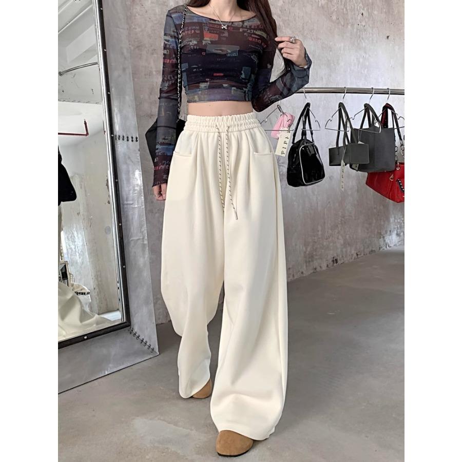 Einfarbige Freizeithose im Lazy Style für Frühling und Herbst, hoch taillierte Hose mit geradem Bein und weitem Bein, lange Hose für Damen