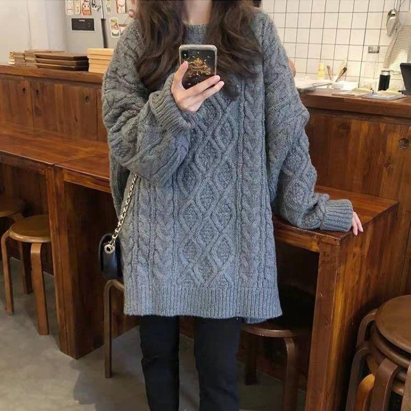 Autumn Winter New Fashion Round Neck Long Sleeve Solid Fried Dough Twists Sweaters Women's Clothing Medium Long Styles Chic Tops