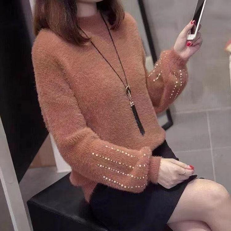Perlen-Pullover mit langen Ärmeln für Damen, Herbst/Winter, Koreanisch, Einfach, Halbhoher Kragen, Faux Marder, Weicher Strick